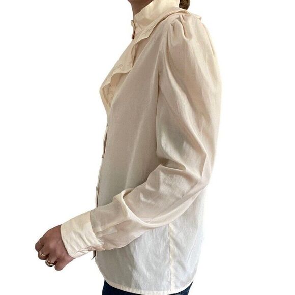 Vintage 80s Womens 100% Silk White Ruffle Collar Floral Light Academia Blouse - Picture 6 of 10